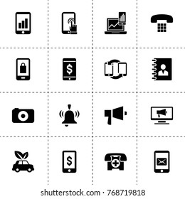 Phone icons. vector collection filled phone icons. includes symbols such as adress book, dollar sign on phone, eco car, camera. use for web, mobile and ui design.