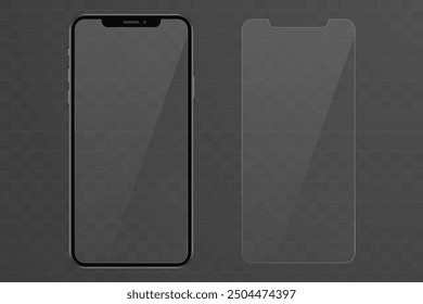 Ilustración del teléfono aislado en un fondo transparente con doble vidrio protector. Vector Ilustración de stock.