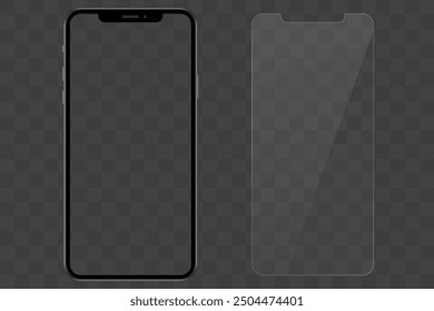 Phone illustation isolated on a transparent background with protective glass. Vector Stock illustration.
