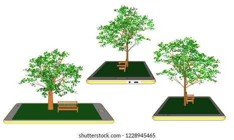 Phone illustration, with trees on top, 3D isometric vector