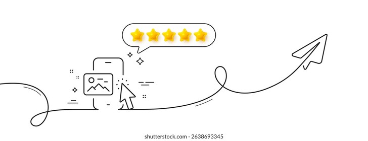 Phone image line icon. Continuous line with share plane. Smartphone app sign. Cellphone mobile device symbol. Five star rate review in speech bubble. Phone image single line ribbon. Vector