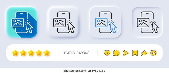Icono de línea de Imagen telefónica. Neumórfico, Sombra plana, Botones 3D. Signo de App de smartphone. Símbolo del dispositivo móvil del teléfono móvil. Icono de Imagen de teléfono de línea. Iconos de redes sociales. Vector