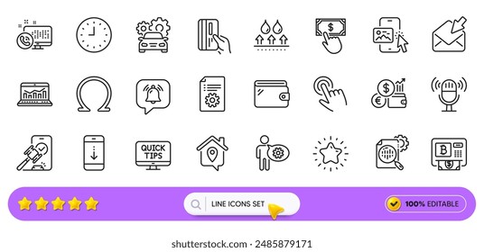 Phone image, Omega and Clock line icons for web app. Pack of Open mail, Microphone, Cogwheel pictogram icons. Auction, Web call, Notification bubble signs. Payment click, Star, Currency rate. Vector