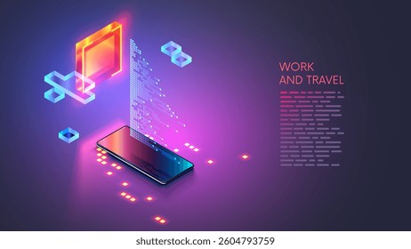 Phone in image yacht white sail floats on sea at sunset. Global communication Remote freelance work while traveling on phone. Digital wireless internet communication in vacation for remote working.