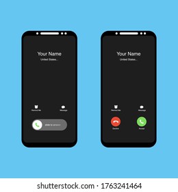 Phone incoming call screen interface set. Slide to answer. Accept button, Decline button. Incoming call. Smartphone call screen template. Mock up vector illustration.