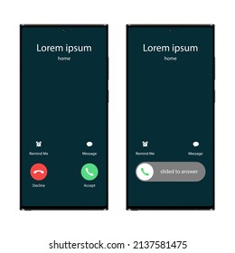 Phone incoming call user interface ui. Slide to answer, accept, decline, message and reminder. Touch screen interaction.