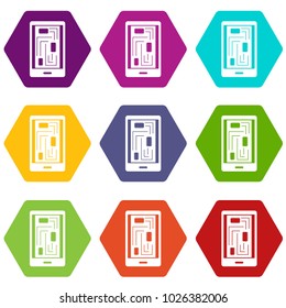 Phone innards icon set many color hexahedron isolated on white vector illustration