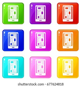 Phone innards icons of 9 color set isolated vector illustration