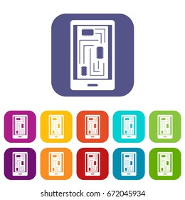 Phone innards icons set vector illustration in flat style In colors red, blue, green and other