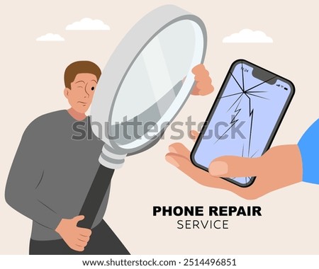 Phone inspection, curious man using magnifying glass to see Phone details. Man hold Broken Phone in palm.  Customer support service Vector illustration.