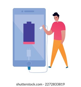 Phone interaction flat icon with human character going to charge his smartphone vector illustration