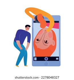 Phone interaction flat icon with people taking selfie on smartphone vector illustration