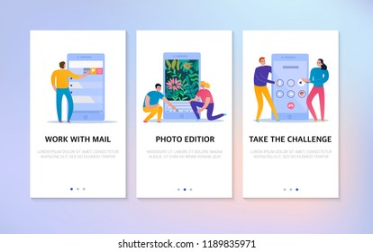 Phone interaction vertical banners set with text field and people using mail and photo editor icons flat isolated vector illustration