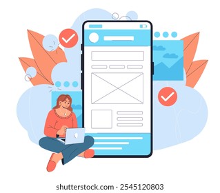 Phone interface development. Woman with laptop sits near huge smartphone. Graphic designer and front end developer. Freelancer and remote employee develops ui and ux elements. Flat vector illustration