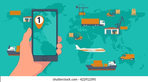 Phone with interface mobile app for cargo service on a screen. Logistic concept flat banner production process from factory to the shop. Top view world map with warehouse, ship, truck, aircraft, car