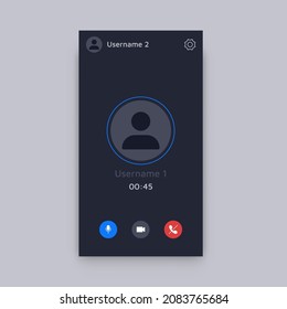 Phone Interface. Mobile Application Layout For Video Calls, Online Conference And Web Meeting With Buttons And Incoming Call Screen. Vector Illustration