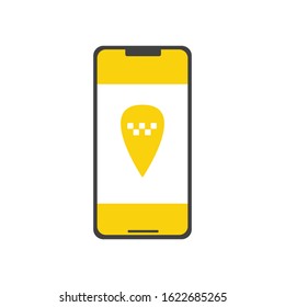 Phone with interface taxi on a screen. Mobile app for booking taxi service. Flat vector illustration for business, info graphic, banner, presentations.