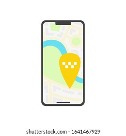 Phone with interface taxi on a screen. Mobile app for booking taxi service. Flat vector illustration for business, info graphic, banner, presentations.