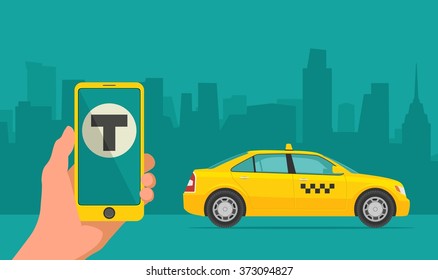 Phone with interface taxi on a screen on a background the city. Mobile app for booking service.  Flat vector illustration for business, info graphic, banner, presentations.