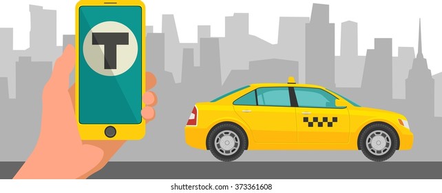 Phone with interface taxi on a screen on a background the city. Mobile app for booking service. Vector flat illustration for business, info graphic, banner, presentations.