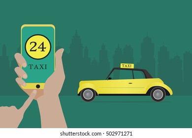 Phone with interface taxi on a screen on a background the city. Mobile app for booking service. Flat vector illustration for business, info graphic, banner, presentations.vintage yellow New York car