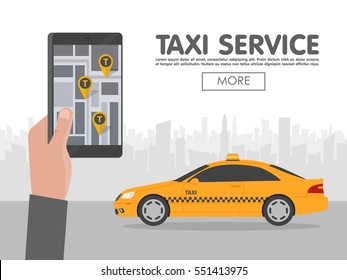 Phone with interface taxi on screen on background the city. Mobile app for booking service. Flat vector illustration for business, info graphic, banner, presentations.