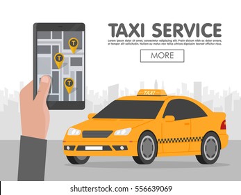 Phone with interface taxi on screen on background the city. Mobile app for booking service. Flat vector illustration for business, info graphic, banner, presentations