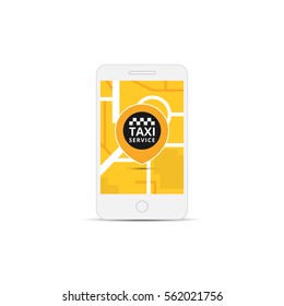 Phone with interface taxi on a screen. Mobile app for booking taxi service.