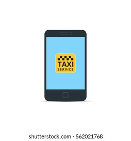 Phone with interface taxi on a screen. Mobile app for booking taxi service.