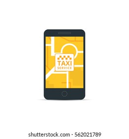 Phone with interface taxi on a screen. Mobile app for booking taxi service.