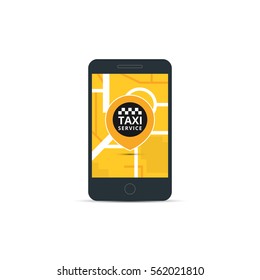 Phone with interface taxi on a screen. Mobile app for booking taxi service.
