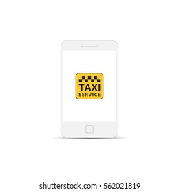 Phone with interface taxi on a screen. Mobile app for booking taxi service.