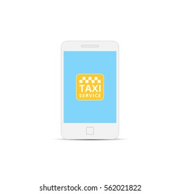 Phone with interface taxi on a screen. Mobile app for booking taxi service.