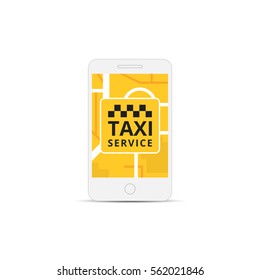 Phone with interface taxi on a screen. Mobile app for booking taxi service.