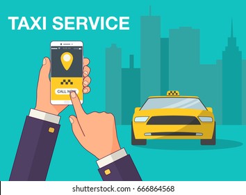 Phone with interface taxi on a screen on a background the city. Mobile app for booking service. Flat vector illustration for business, info graphic, banner, presentations