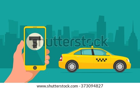 Phone with interface taxi on a screen on a background the city. Mobile app for booking service.  Flat vector illustration for business, info graphic, banner, presentations.