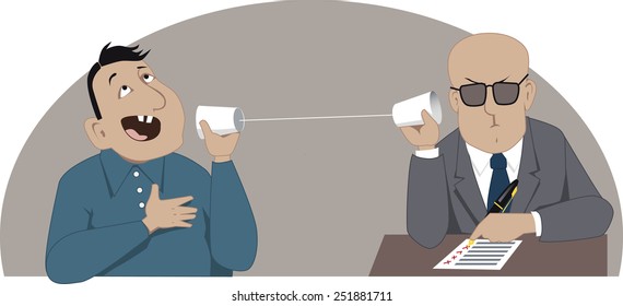 Phone interview. Employer and applicant talking on a string phone, vector cartoon