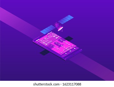 Phone isometry in ultra violet style. Phone interface. IU and UX development in style. Digits on the phone screen. Smartphone lying on the surface. Satellite over the phone. Vector illustration EPS 10