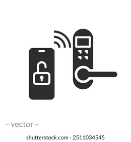 Llave del teléfono para la puerta de desbloqueo y el icono abierto, cerradura inteligente, dispositivo de visualización con acceso digital, apertura electrónica automática, Ilustración vectorial plana