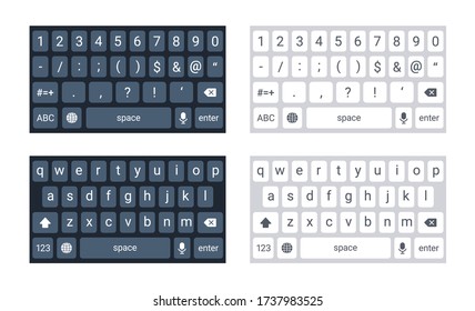 Mockup de teclado del teléfono, botones y números del alfabeto qwerty keypad en estilo plano, concepto de tabulación de teléfono móvil para aplicación de texto en modo claro y oscuro, ilustración vectorial. Panel de medios sociales para dispositivos.