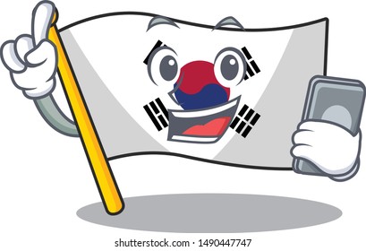 With phone korean flag cartoon fluttering on pole