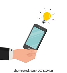 Phone and lamp idea vector. free space for text. wallpaper. background. business hand.