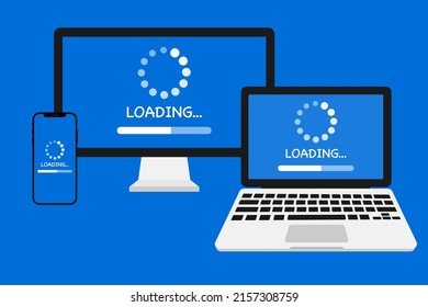 Phone, laptop, computer, update technology and download process. Screen and device software, application web update system. Illustration and icon of phone, laptop, and computer. Vector.