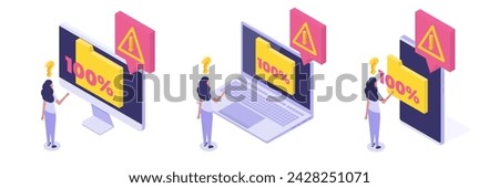 Phone, Laptop, Desktop full memory. Storage space file is full concepts set. Isometric Vector illustrations  bundle, collections .