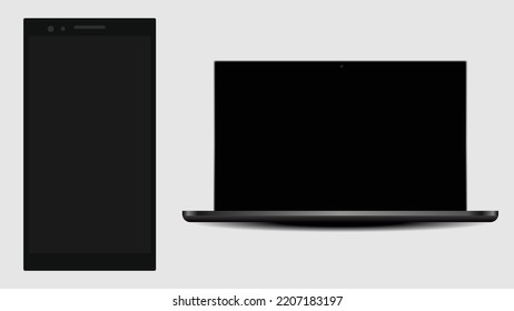 Phone and laptop display with blank screen. Mockup monitor. Screen with black screen. Perspective view display with black empty screen. Mockup display.