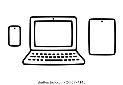 Phone, laptop and tablet doodle icons. Simple hand drawn cartoon electronic devices. Vector illustration set.