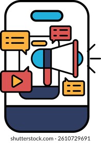 A phone with a large speaker on it and a bunch of text and images surrounding it. Concept of communication and the importance of being heard