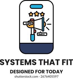 Ein Telefon mit einem großen Lautsprecher. Der Redner ist von Sternen umgeben. Das Bild trägt den Titel Systeme, die passen