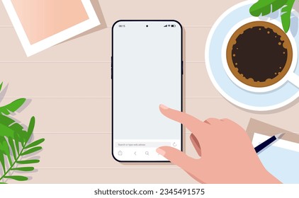 Teléfono colocado sobre la mesa de maquillaje - Ilustración vectorial de la mano usando la pantalla táctil del smartphone en el escritorio de la casa. Diseño plano