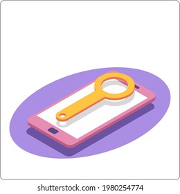 Phone layout and search. Search by phone. 3d isometric vector illustration.